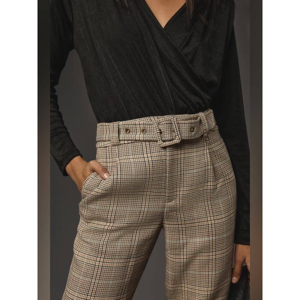 NWT Maeve By Anthropologie Boot Tuck Knit Trousers Plaid Brown Motif Size 4 - Picture 5 of 14